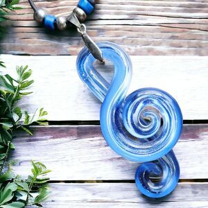 Y2K Whimsical Music Pendant Necklace 16" Blue White Art Glass Treble Clef Boho
